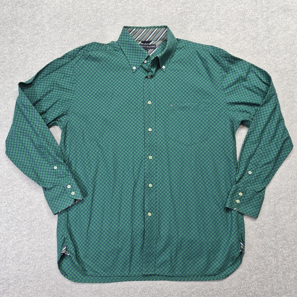 Vintage 90s Tommy Hilfiger Plaid Shirt Men L Crest Logo Button Down Green Tartan